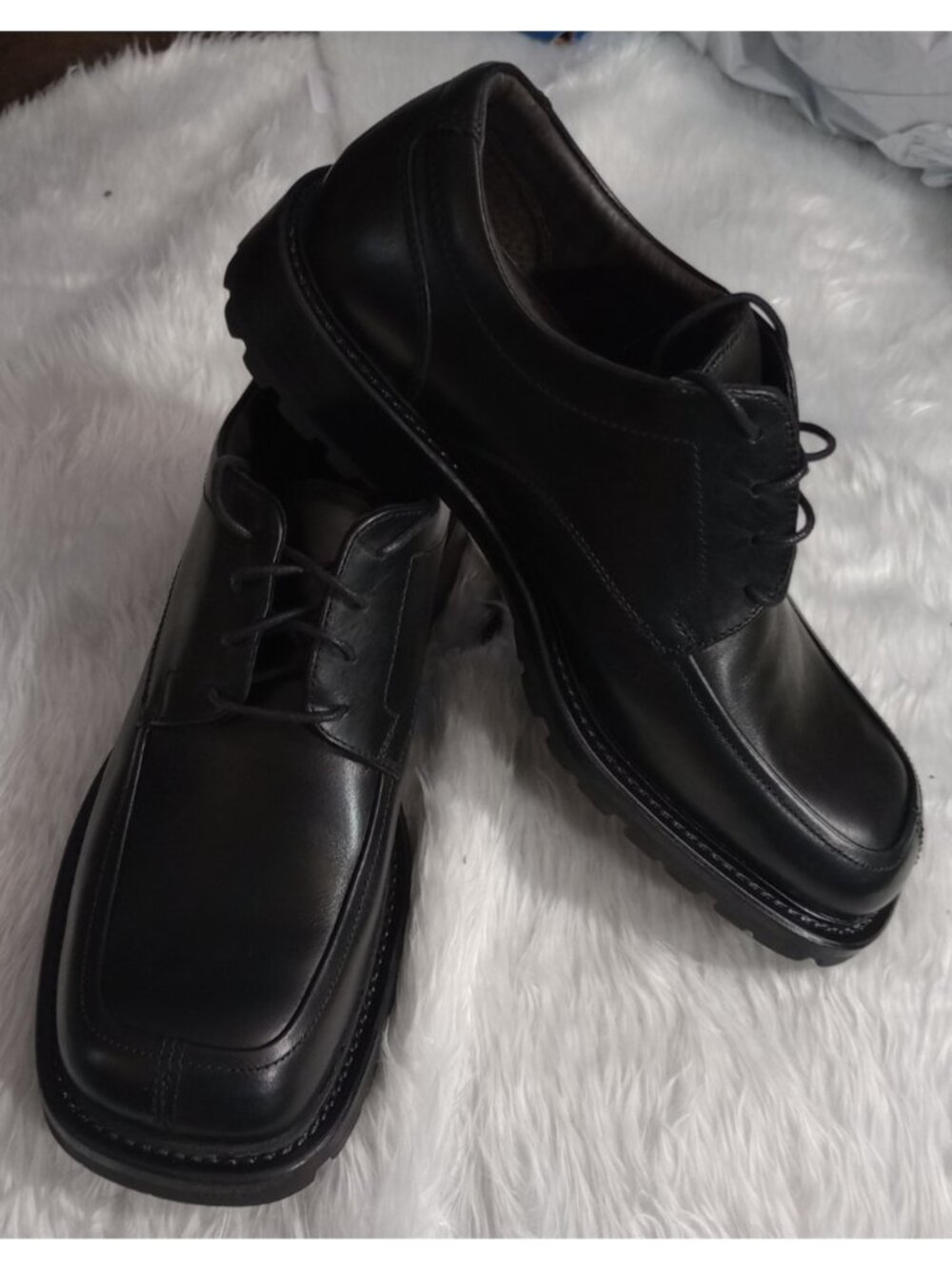 Kenneth Cole Reaction Square Toe Dress Lace Up Shoes Black Leather Men Size 9.5